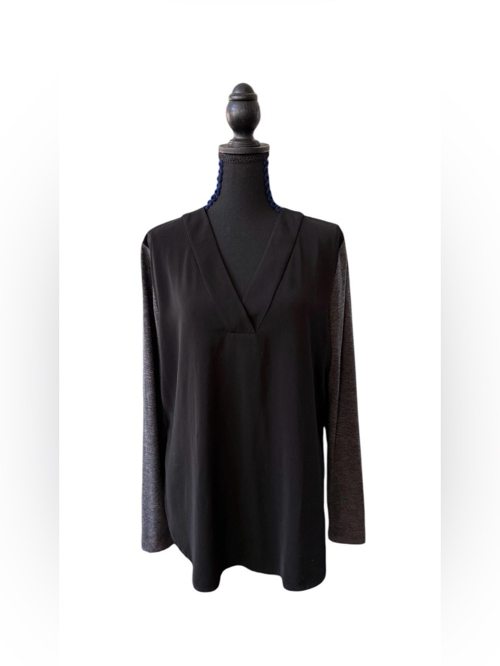 LOFT Black Front Panel V-Neck Blouse with Gray Sleeves and Back